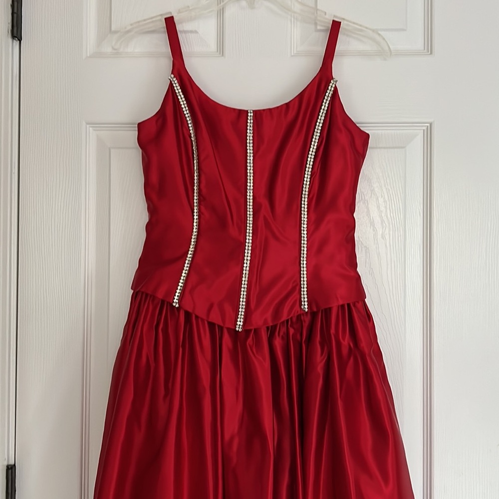 Vintage Fiery Red Corset Formal Ball Gown Rhinestones Embellished Bodice Small - Picture 3 of 15